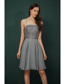 Simple Short Grey Beading Chiffon Party Dress with Open Back