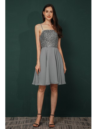 Simple Short Grey Beading Chiffon Party Dress with Open Back