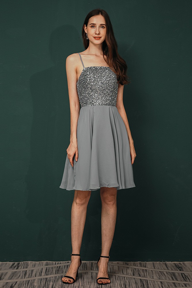 Simple Short Grey Beading Chiffon Party Dress with Open Back #CC301039g
