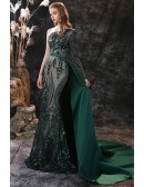 Dark Green One Shoulder Sleeve Seuqin Prom Dress Sparkly with Removable Train