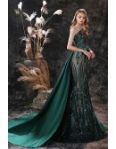 Dark Green One Shoulder Sleeve Seuqin Prom Dress Sparkly with Removable Train
