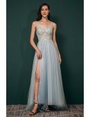 Dusty Blue Open Back Long Slit Tulle Prom Dress with Lace Beading