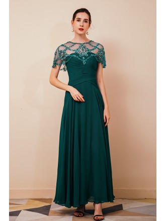 Pleated Long Chiffon Formal Dres with Beading Cape Sleeves