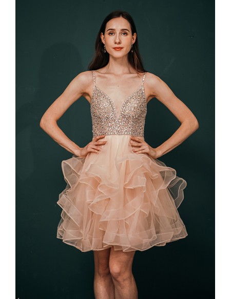 Sexy V Neck Sparkly Pink Short Prom Gown with Spaghetti Straps