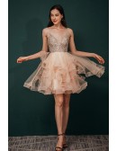 Sexy V Neck Sparkly Pink Short Prom Gown with Spaghetti Straps