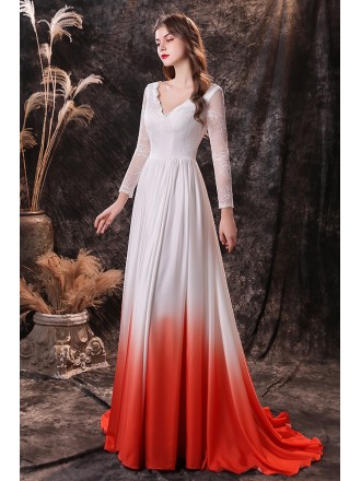 Sweetheart Chiffon Lace Long Sleeve Prom Dress In Ombre White Orange