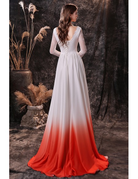 Sweetheart Chiffon Lace Long Sleeve Prom Dress In Ombre White Orange