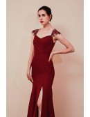Long Fitted Mermaid Pleated Cap Sleeve Lace Party Dress with Slit