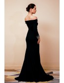 Off Shoulder Sleeves Fitted Mermaid Formal Black Dress with Slit