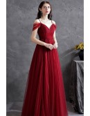 Simple Pleated Aline Tulle Burgundy Vneck Prom Dress with Spaghetti Straps