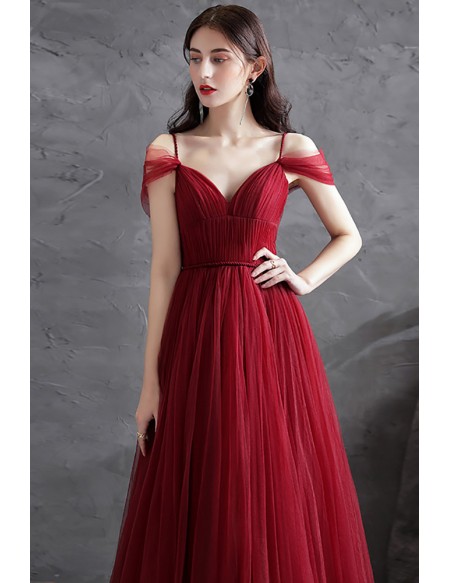 Simple Pleated Aline Tulle Burgundy Vneck Prom Dress with Spaghetti ...