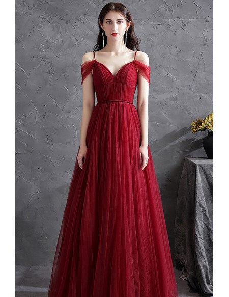 Simple Pleated Aline Tulle Burgundy Vneck Prom Dress with Spaghetti Straps