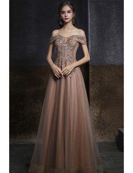 Embroidered Off Shoulder Gorgeous Aline Long Tulle Prom Dress For Formal