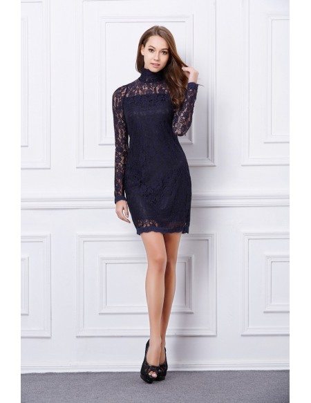 Chic High Neck Black Lace Mini Weeding Guest Dress With Long Sleeves