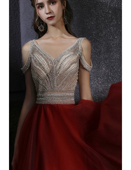 Luxury Sequined Aline Red Tulle Prom Dress Unique with Cold Shoulder ...