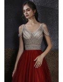 Luxury Sequined Aline Red Tulle Prom Dress Unique with Cold Shoulder