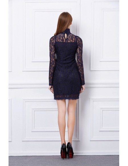 Chic High Neck Black Lace Mini Weeding Guest Dress With Long Sleeves