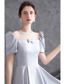 Modest Grey Satin Long Aline Prom Dress with Sheer Neckline Bubble Sleeves