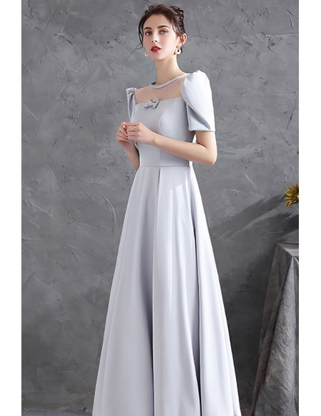 Modest Grey Satin Long Aline Prom Dress with Sheer Neckline Bubble Sleeves