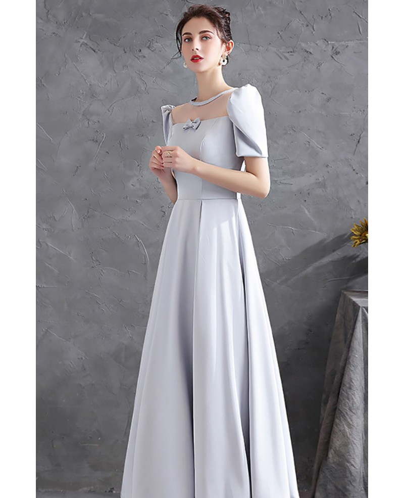 Modest Grey Satin Long Aline Prom Dress with Sheer Neckline Bubble ...