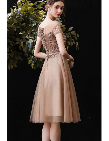 Champagne Short Tulle Pretty Homecoming Prom Dress with Illusion Short Sleeves