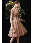 Champagne Short Tulle Pretty Homecoming Prom Dress with Illusion Short Sleeves