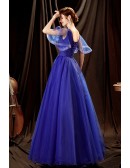 Royal Blue Tulle Ballgown Party Prom Dress with Peacock Patterns