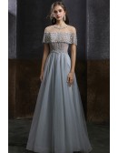Luxury Jeweled Neckline Sequined Aline Grey Prom Dress with Jeweled Waist