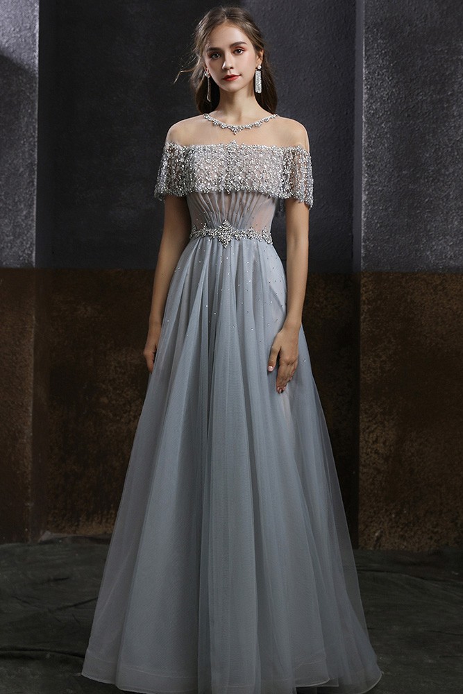 Luxury Jeweled Neckline Sequined Aline Grey Prom Dress with Jeweled ...