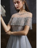 Luxury Jeweled Neckline Sequined Aline Grey Prom Dress with Jeweled Waist