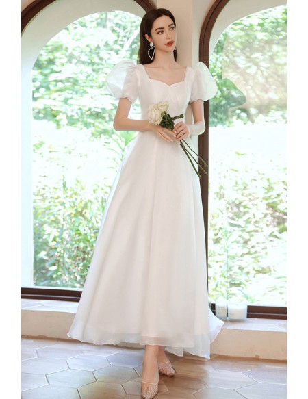 Elegant White Square Neck Formal Party Dress with Bubble Short Sleeves