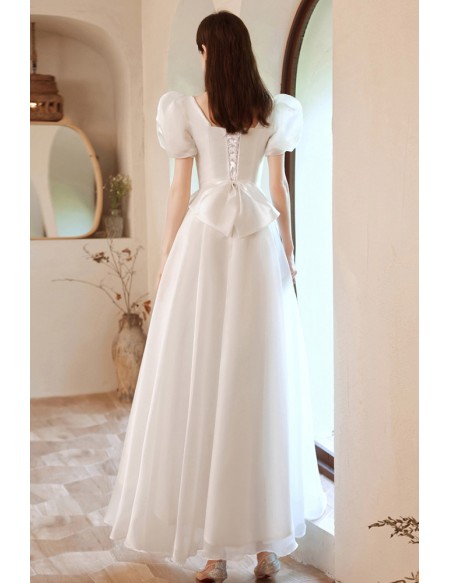 Elegant White Square Neck Formal Party Dress with Bubble Short Sleeves