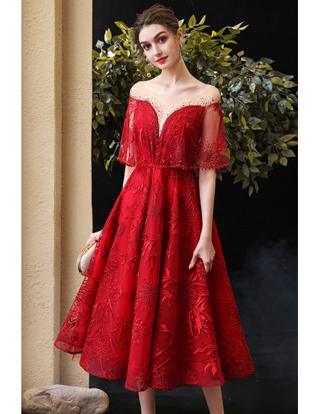 Elegant Embroidered Tea Length Party Prom Dress with Illusion Neckline
