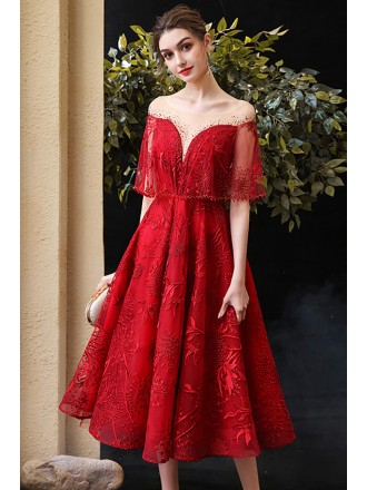 Elegant Embroidered Tea Length Party Prom Dress with Illusion Neckline