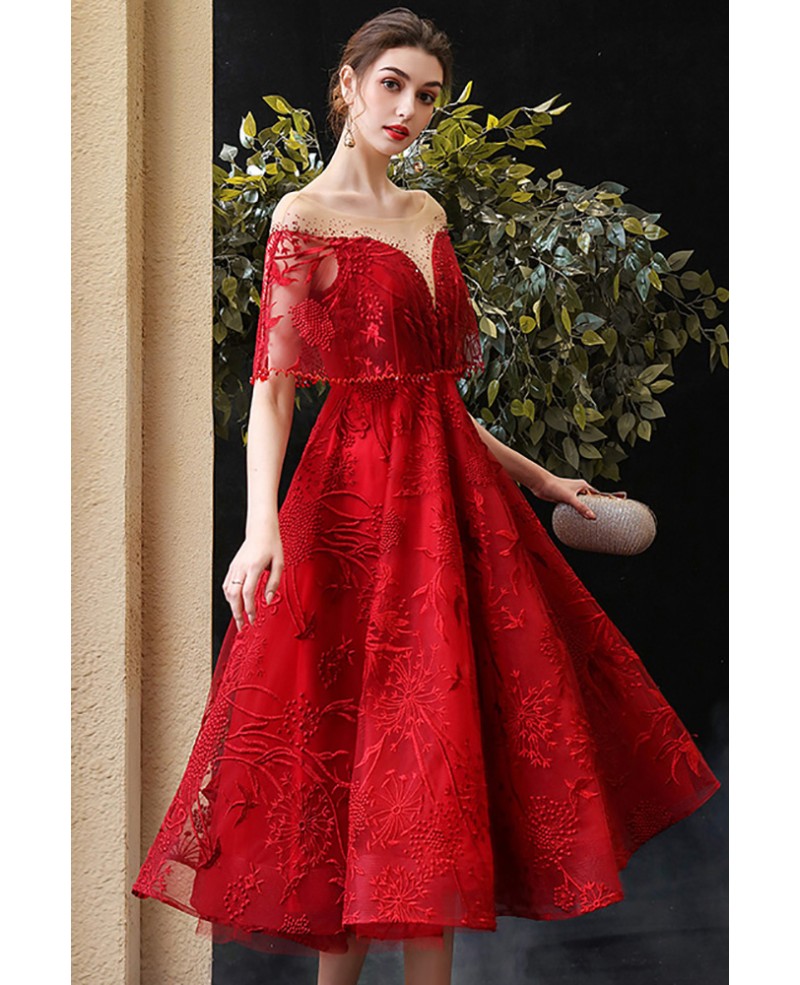 Elegant Embroidered Tea Length Party Prom Dress with Illusion Neckline ...