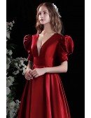 Elegant Satin Vneck Simple Long Evening Prom Dress with Bubble Sleeves