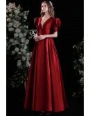 Elegant Satin Vneck Simple Long Evening Prom Dress with Bubble Sleeves