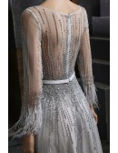 Elegant Illusion Long Sleeved Luxury Long Grey Prom Dress with Sequins
