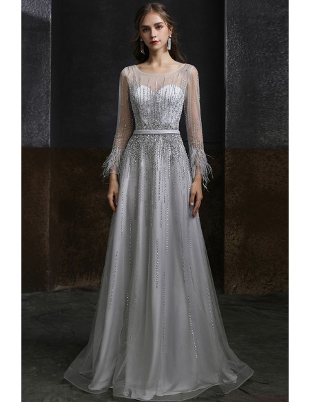 Elegant Illusion Long Sleeved Luxury Long Grey Prom Dress with Sequins