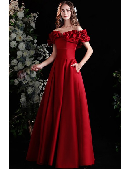 Burgundy Satin Long Formal Prom Dress with Ruffled Neckline