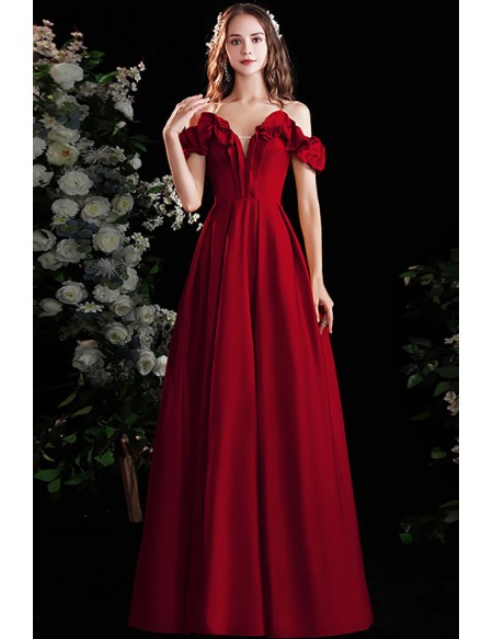 Gorgeous Off Shoulder Red Satin Long Prom Dress with Laceup