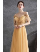 Beaded Off Shoulder Yellow Gold Tulle Long Prom Dress