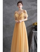 Beaded Off Shoulder Yellow Gold Tulle Long Prom Dress