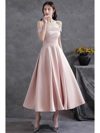 Pretty Pink Satin Tea Length Hoco Party Homecoming Dress