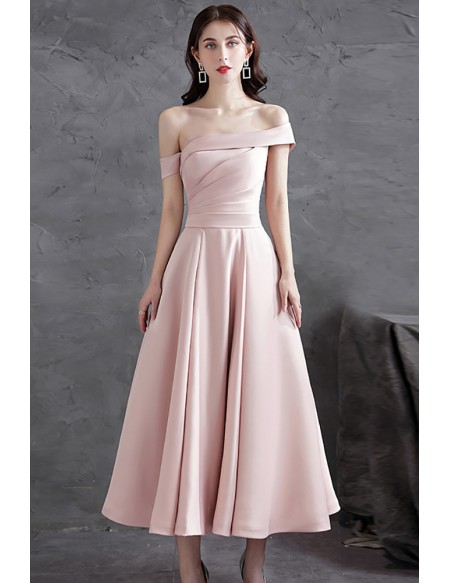 Pretty Pink Satin Tea Length Hoco Party Homecoming Dress