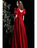Retro Romantic Red Satin Aline Long Evening Dress with Bubble Sleeves