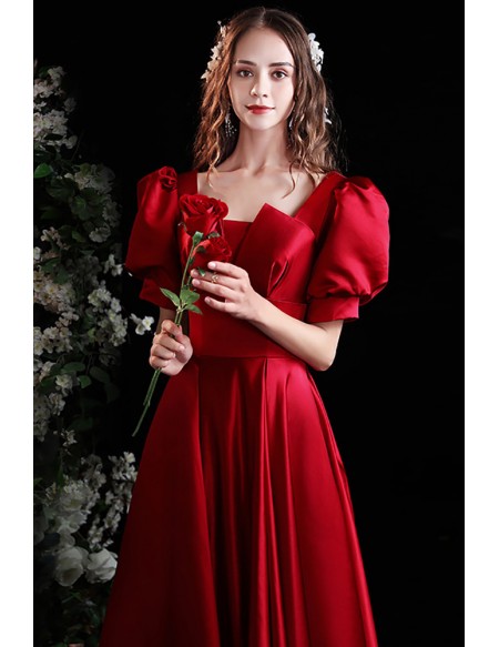 Retro Romantic Red Satin Aline Long Evening Dress with Bubble Sleeves