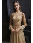 Bling Sequined Champagne Long Evening Prom Dress with Illusion Long Sleeves