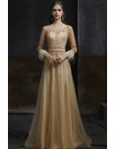 Bling Sequined Champagne Long Evening Prom Dress with Illusion Long Sleeves