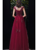 Sequined Appliques Long Tulle Aline Prom Dress with Cap Sleeves